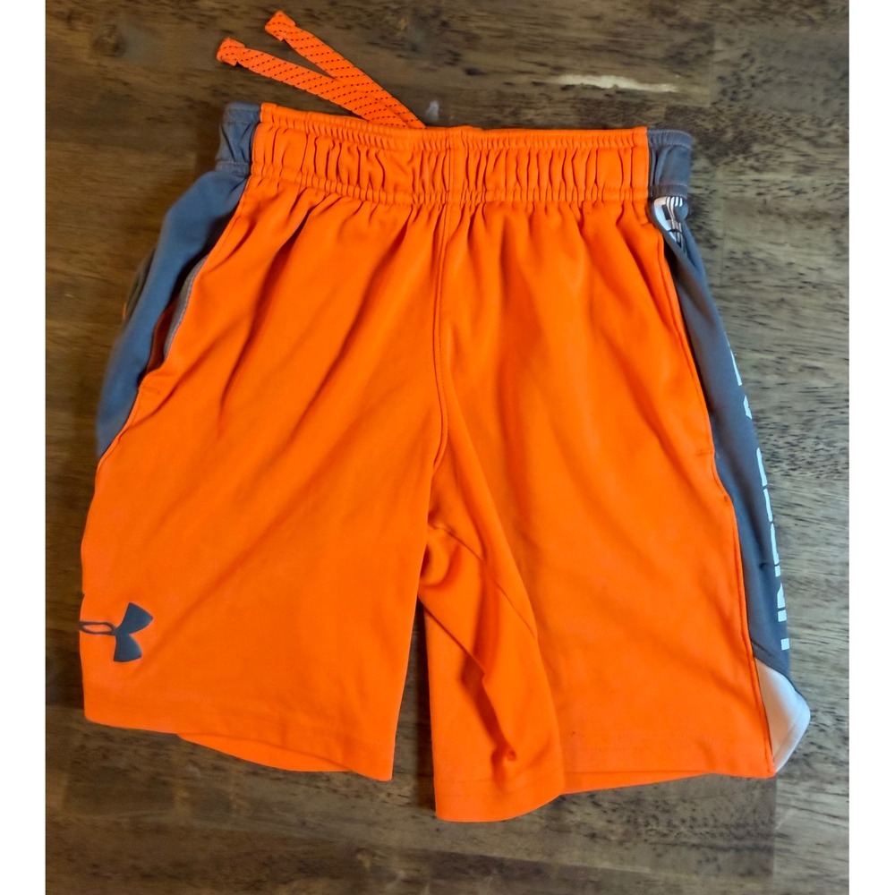 Under Armour Boys Orange Grey Athletic Shorts Logo Activewear Size XS